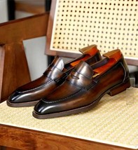 Men Handmade Penny Loafer Cowhide Brown Leather Moccasins Dress Formal Shoes - £124.90 GBP