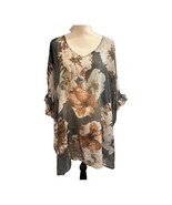 Umgee Top Womens L Gray Floral Sheer Oversized Tunic Coverup Lightweight... - $28.40