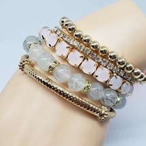 5 pcs Clear &amp; Pink Rhinestone White Glass Bead Gold Tone Stackable Bracelet Set - £14.91 GBP