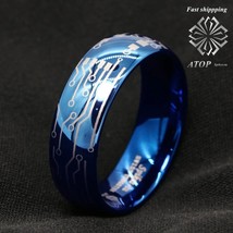 8mm Shiny Blue Dome Tungsten Carbide Ring Laser Circuit Board ATOP Men&#39;s Jewelry - £22.37 GBP