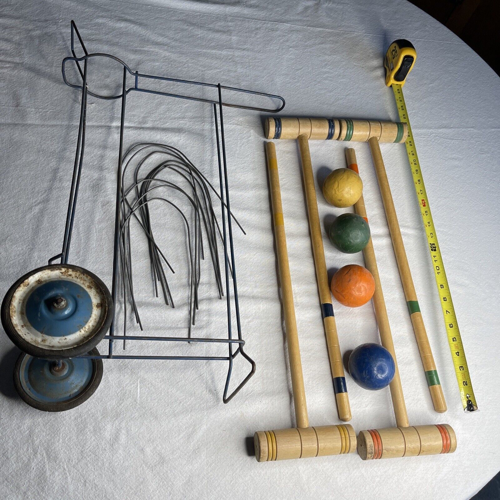 Primary image for Vtg wooden croquet set 4 Mallets 22” 4 Balls Wire Rolling Stand 9 Hoops￼