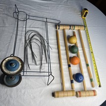 Vtg wooden croquet set 4 Mallets 22” 4 Balls Wire Rolling Stand 9 Hoops￼ - $55.17
