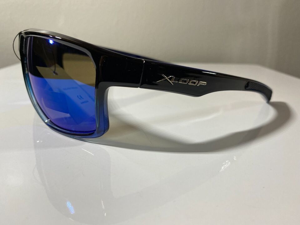 Men&#39;s wrap around sunglasses with black frame and blue reflective lenses - $9.50