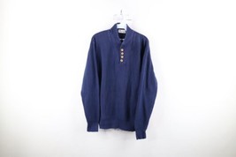 Vintage 70s Streetwear Mens Medium Faded Chunky Ribbed Knit Henley Sweater Blue - £50.35 GBP
