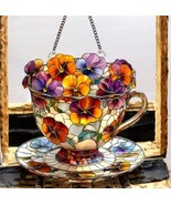 Teacup Flowers Acrylic Suncatcher 2D Flat 8&quot;x8&quot; Hanging Window Art - $24.74