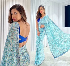 Manish Malhotra Inspired Blue Heavy Sequins Saree with Taffeta Silk Blouse | Des - £46.48 GBP