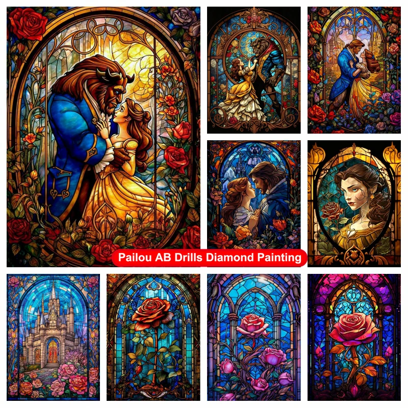 Stained Glass Beauty And The Beast Movie AB Drills Diamond Art Painting Disney - £12.54 GBP+