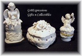 Shabby White Porcelain Cherub &amp; Roses Trinket Box Set - £11.11 GBP