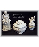 SHABBY WHITE PORCELAIN CHERUB &amp; ROSES TRINKET BOX SET - $13.95