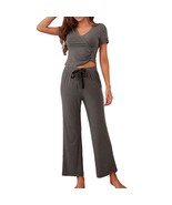 RH  Pajamas Set Women Rib Crop Top Pants Pullover Lounge Pjs Set Pajama ... - £18.33 GBP