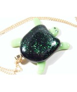 Green Glass Turtle Pendant W/18&quot; GoldTone Chain &amp; Bale 1.5&quot; x 1.75&quot; #JN1055 - £5.30 GBP