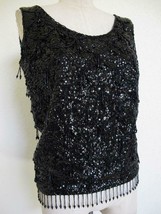 Vintage 1960s Beaded Go Go Fringe Cocktail Top Black Wool Sequins Beads Lined - £39.33 GBP