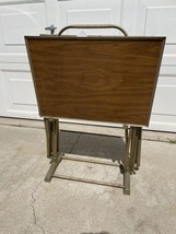 Vintage Mid Century Modern Set of 4 Faux Wood Metal TV Tray Tables w Stand - £114.74 GBP