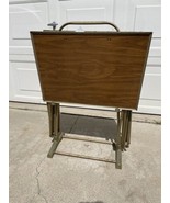 Vintage Mid Century Modern Set of 4 Faux Wood Metal TV Tray Tables w Stand - $143.55