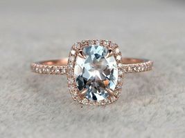 2Ct Oval Cut Aquamarine Diamond Halo Wedding Engagement Ring 14K Rose Gold Over - £65.53 GBP