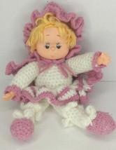vintage knit rubber face baby doll white pink ruffle bonnet  13&quot; - £7.78 GBP