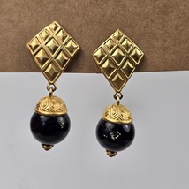 Vintage Earrings Clip On Dangle Black Gold Tone Jewelry Faux Pearl Cabochon Drop - £10.19 GBP