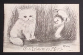 Can I play in your yard? Kitten and Puppy Artist Vincent Colby B&amp;W Postc... - £6.38 GBP
