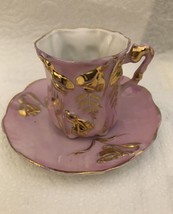 Antique Pink Lustre Gold Flower Demitasse Cup &amp; Saucer Espresso Vintage Elegant - £25.28 GBP
