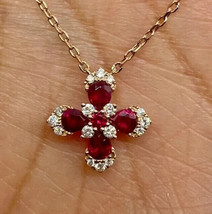 2.50Ct Pear Cut Simulated Red Ruby Flower Pendant 14k Rose Gold Plated Silver - £67.25 GBP