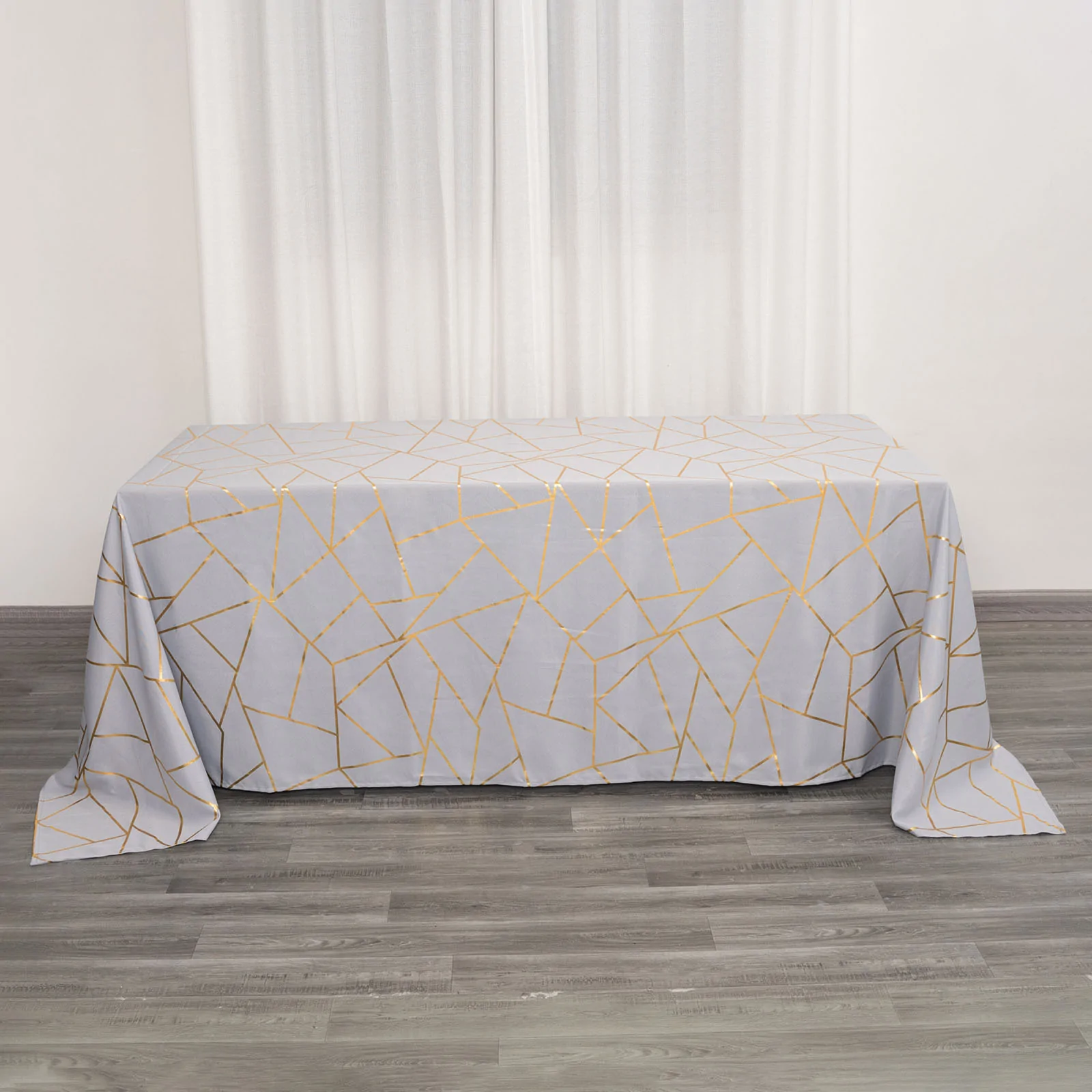 Silver - 90&quot;x132&quot; Rectangle Polyester Tablecloth Gold Foil Geometric - £39.99 GBP