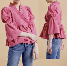 By TiMo Bubble Wrap Crinkled Puff Shoulder Bell Sleeve Ruffled Barbiecore Blouse - £75.64 GBP