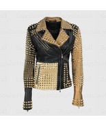 New Woman Black Golden Studded Brando Punk Unique Rock Biker Leather Jac... - $379.99+
