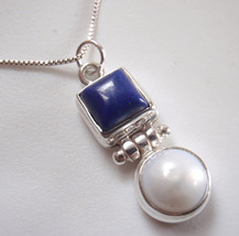 Cultured Pearl &amp; Square Lapis Lazuli 925 Sterling Silver Necklace - £15.81 GBP