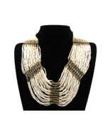 Multi-Strand White Seed Bead Bib Necklace Vintage Gold Brass Tone 22&quot; Bo... - £26.86 GBP