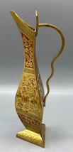 Vtg Brass Painted colorful Triangular Vase Pitcher Jug Floral Design - $21.67