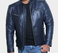 Mens Leather Jacket,Mens Navy Blue Genuine Lambskin Biker Casual Jacket - £133.54 GBP