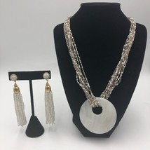 White Shell Beaded Necklace and White Beaded Dangling Pierced Earring Set  - £11.96 GBP