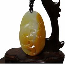 2.2&quot; China Certified Nature Yellow Dragon Jade Wealth Fish and Loutus Hand Carve - £35.38 GBP