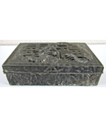 Antique Chinese Metal Storage Box Raised Dragon and Bamboo Symbols Wood ... - $88.11