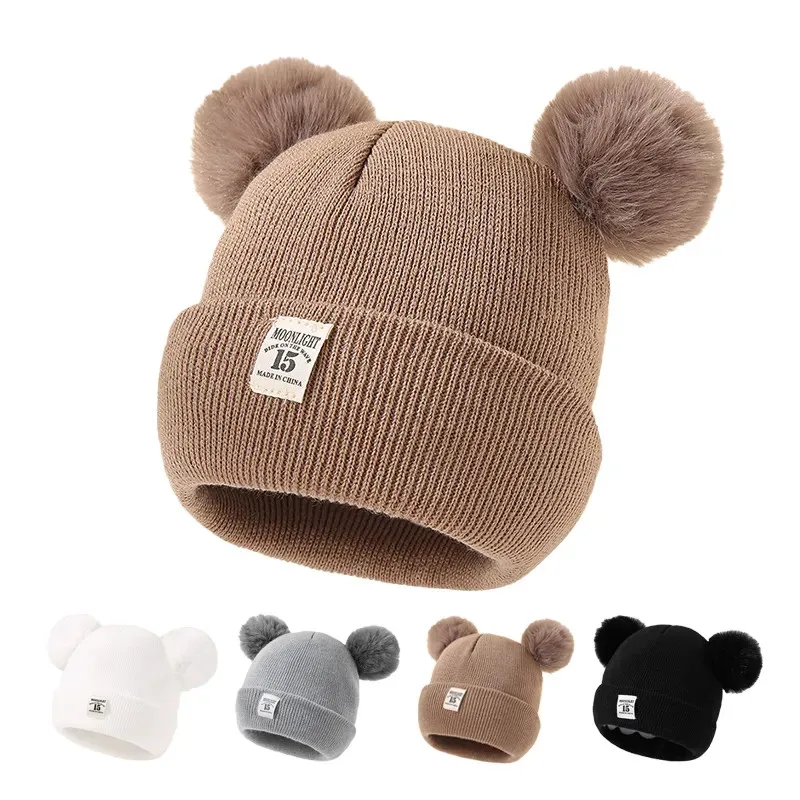 Autumn Winter Baby Warm Knitted Hats With Pom Kids Knit Beanie Hat Solid Color - £11.38 GBP+