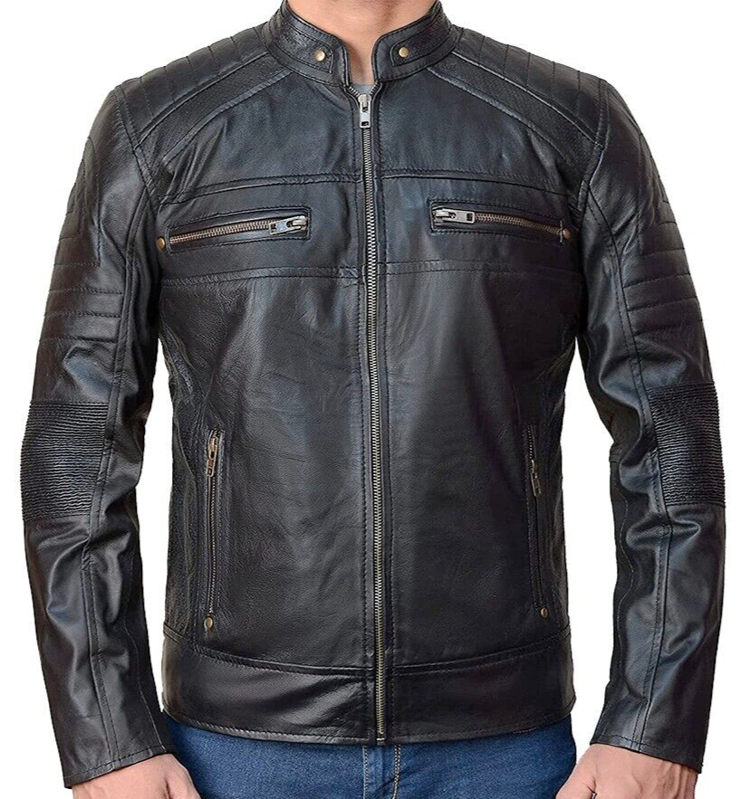 New Men’s Motorcycle Biker Black Vintage Cafe Racer Genuine Real Leather... - $107.12