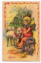 Easter Postcard Girl With Lamb Eggs Chick Roses #7200 1919 - $3.43