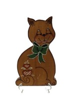 1986 Cutout Wood Puff Cat w Green Bow Hand Made Painted Signed &amp; Dated B... - $19.75