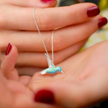 Green and Blue Hummingbird Pendant Necklace Silver - $14.19