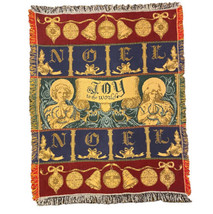 Christmas Tapestry Throw Blanket Joy To The World Noel Fringe 60x48 Red Vintage - £10.18 GBP