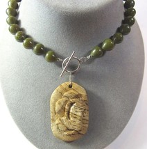 Jade Picture Jasper Stone Pendant 19&quot; Sterling Silver Toggle Clasp Art Necklace - $39.06