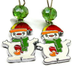 Vertical Drop Dangle Hook Earrings Womans Snowman Green Bead Winter Silver Tone  - £11.86 GBP