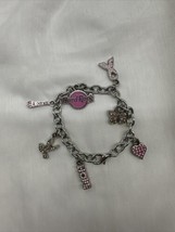 VTG Hard Rock Charm Bracelet Pink Enamel &amp; Rhinestones Ribbon Heart Butterfly .. - £19.42 GBP
