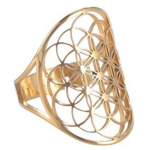 Flower of Life Ring Gold PVD Plated Stainless Steel Sacred Geometry Boho Band - £11.74 GBP