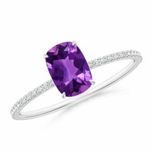ANGARA Thin Shank Cushion Cut Amethyst Ring With Diamond Accents - £783.82 GBP