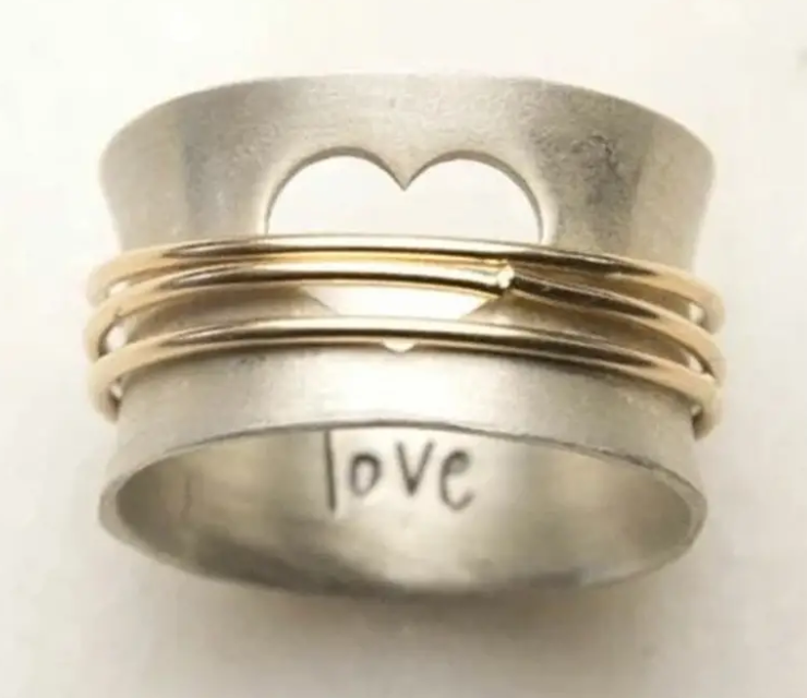 Primary image for Vintage Boho Style Two Tone Hollow Love Heart Simple Band Ring - Select Size