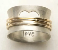 Vintage Boho Style Two Tone Hollow Love Heart Simple Band Ring - Select Size - £10.21 GBP