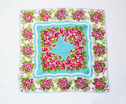 Country Cottage Garden Vintage Linen Handkerchief Pink Geranium Flowers Green Le - £9.49 GBP