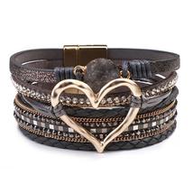 Braided Leather Wrap  Multilayer Resin Stone Hollow Heart Charm Bracelets - £12.04 GBP