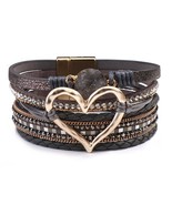 Braided Leather Wrap  Multilayer Resin Stone Hollow Heart Charm Bracelets - $20.58 CAD